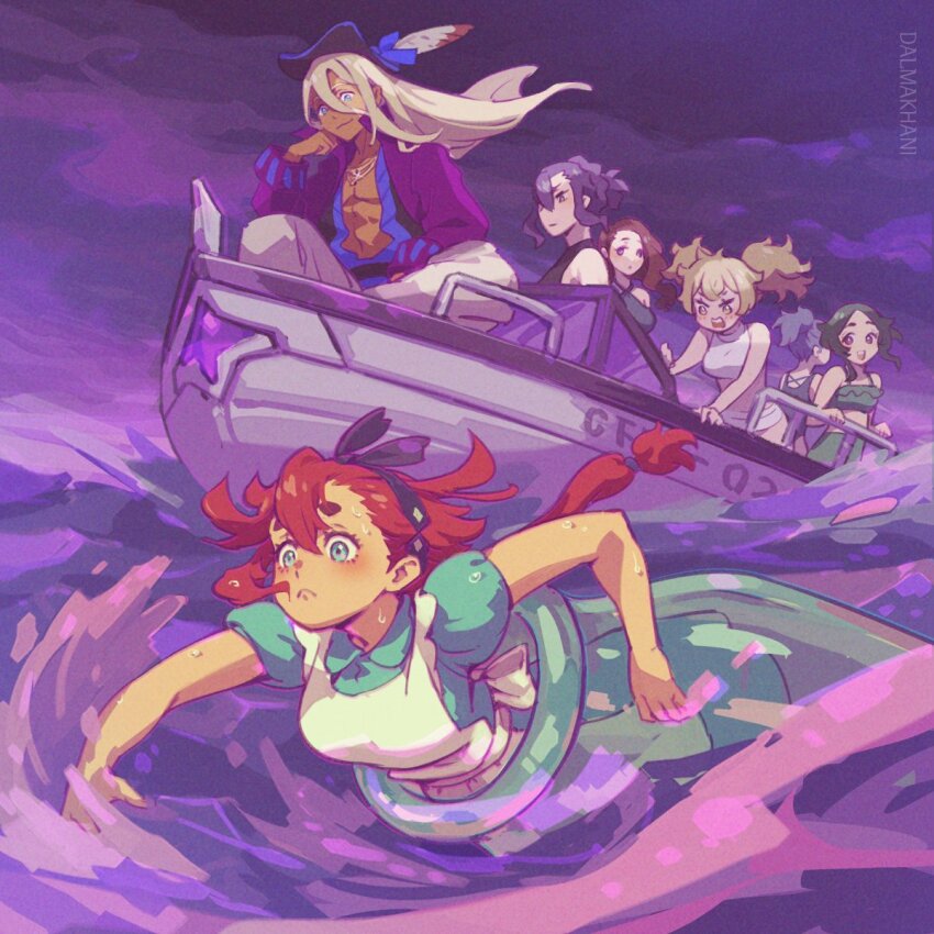 1boy, 6+girls, alice_(alice_in_wonderland), alice_(alice_in_wonderland)_(cosplay), alice's_adventures_in_wonderland, apron, black_hair, blonde_hair