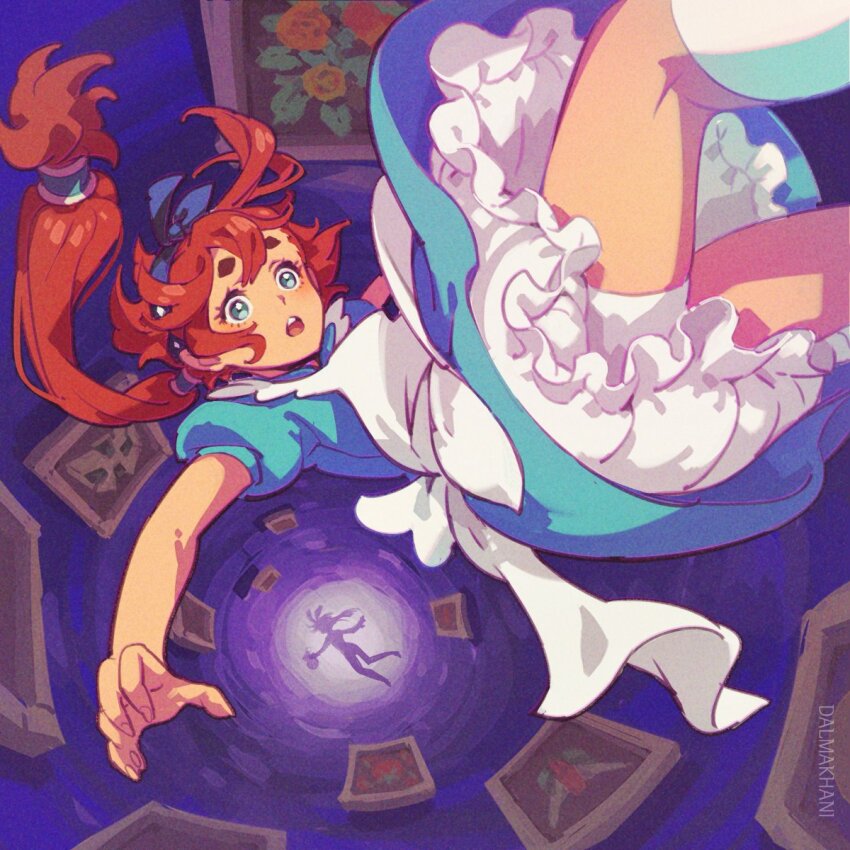 2girls, :o, alice_(alice_in_wonderland), alice_(alice_in_wonderland)_(cosplay), alice's_adventures_in_wonderland, apron, aqua_eyes, blue_dress