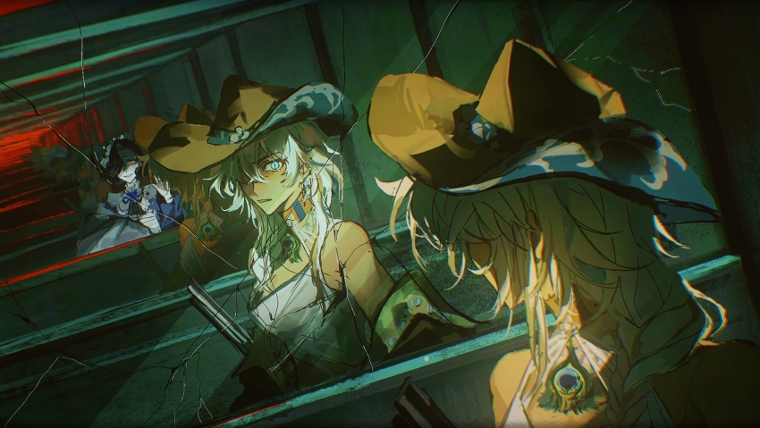 2girls, argus_(reverse:1999), bare_shoulders, black_hair, blanket, blonde_hair, blue_dress, broken_mirror