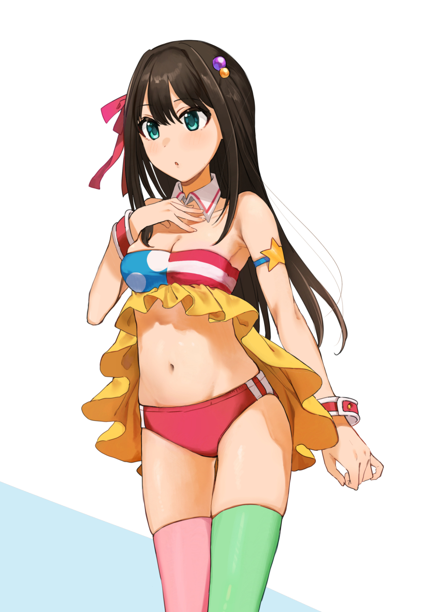 1girl, absurdres, akagi_miria, akagi_miria_(cosplay), aqua_eyes, arm_strap, asymmetrical_legwear, bare_shoulders, black_hair, breasts, buruma, commission, cosplay, crop_top, detached_collar, hair_ribbon, highres, idolmaster, idolmaster_cinderella_girls, long_hair, mismatched_legwear, navel, parted_lips, ribbon, shibuya_rin, skeb_commission, small_breasts, solo, thighhighs, yano_sou