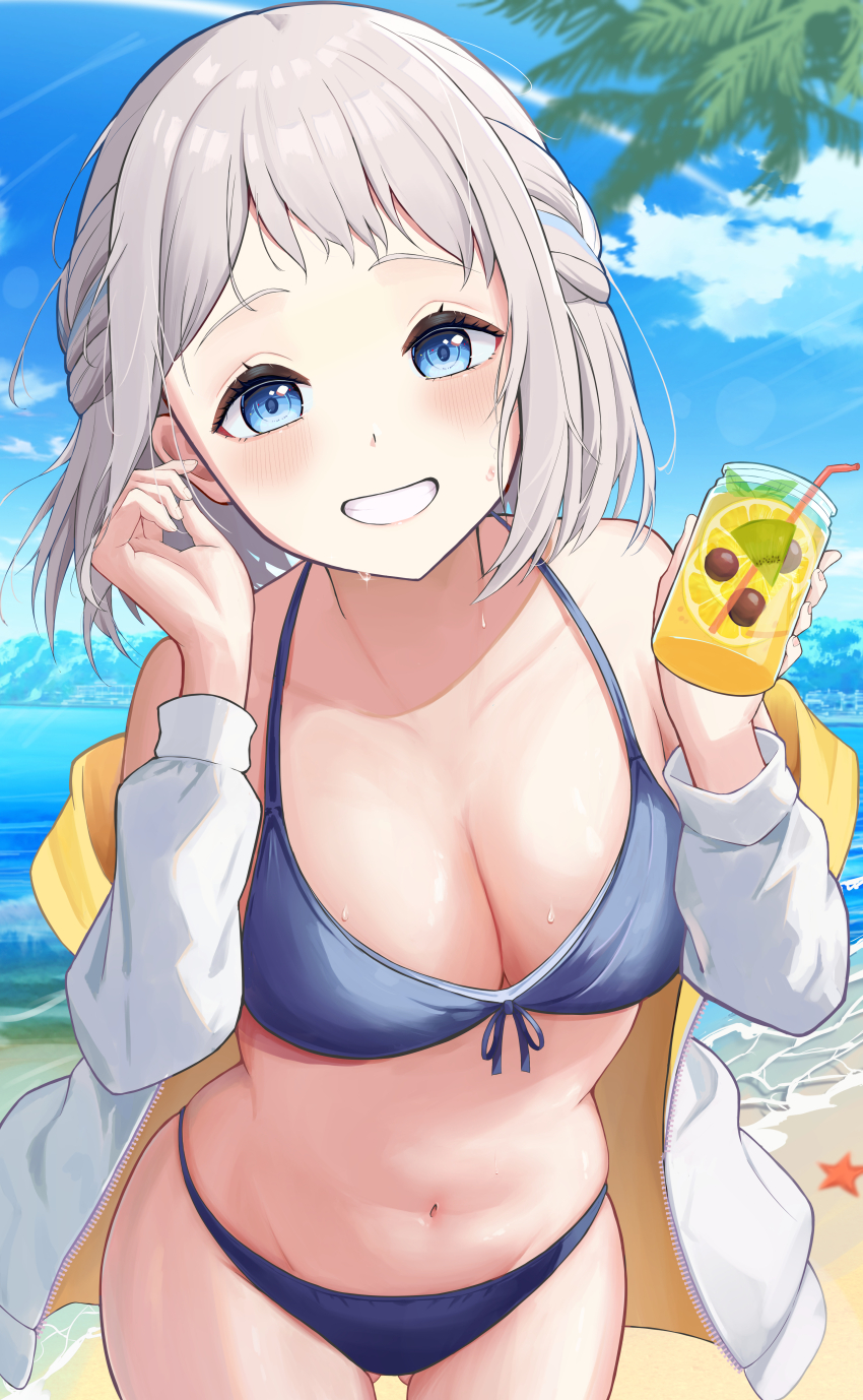 1girl, absurdres, beach, bikini, blue_bikini, blue_sky, cloud, commentary_request, day, front-tie_bikini_top, front-tie_top, gakuen_idolmaster, grey_hair, grin, half_updo, highres, horizon, idolmaster, jacket, katsuragi_lilja, l.os, looking_at_viewer, ocean, outdoors, palm_tree, sky, smile, solo, starfish, swimsuit, tree, white_jacket