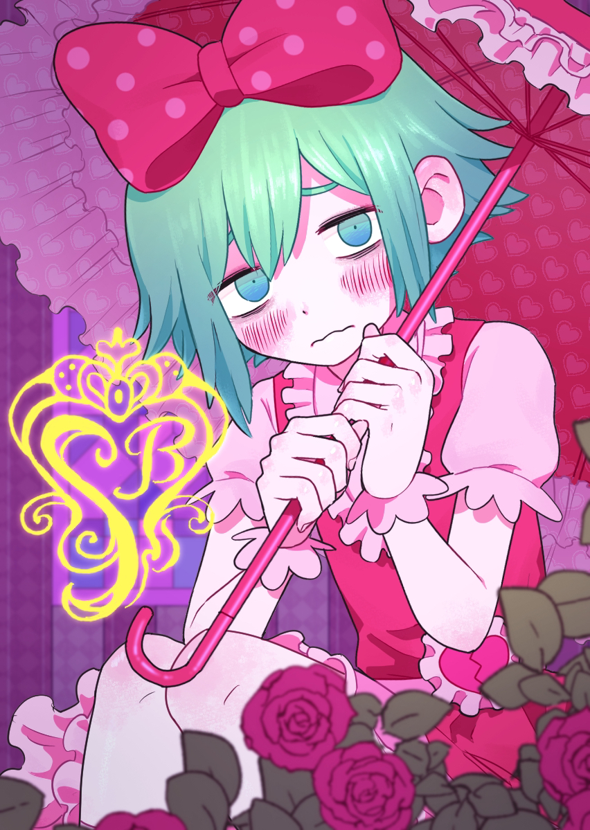 1boy, basil_(headspace)_(omori), basil_(omori), bow, closed_mouth, cosplay, crossdressing, crossdressing_(mtf)