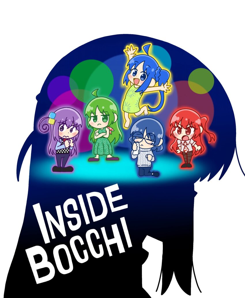 5girls, ahoge, anger_(inside_out), anger_(inside_out)_(cosplay), blue_eyes, blue_hair, bocchi_the_rock!, chibi, closed_eyes, closed_mouth, cosplay, cube_hair_ornament, disgust_(inside_out), disgust_(inside_out)_(cosplay), fear_(inside_out), fear_(inside_out)_(cosplay), glasses, gotoh_hitori, gotoh_hitori_(octopus), green_eyes, green_hair, hair_ornament, highres, ijichi_nijika, ijichi_seika, inside_out, joy_(inside_out), joy_(inside_out)_(cosplay), kita_ikuyo, kneeling, long_hair, looking_at_viewer, mada_shichiji, multiple_girls, necktie, open_mouth, purple_eyes, purple_hair, red_eyes, red_hair, round_eyewear, sadness_(inside_out), sadness_(inside_out)_(cosplay), side_ponytail, simple_background, standing, white_background, yamada_ryo