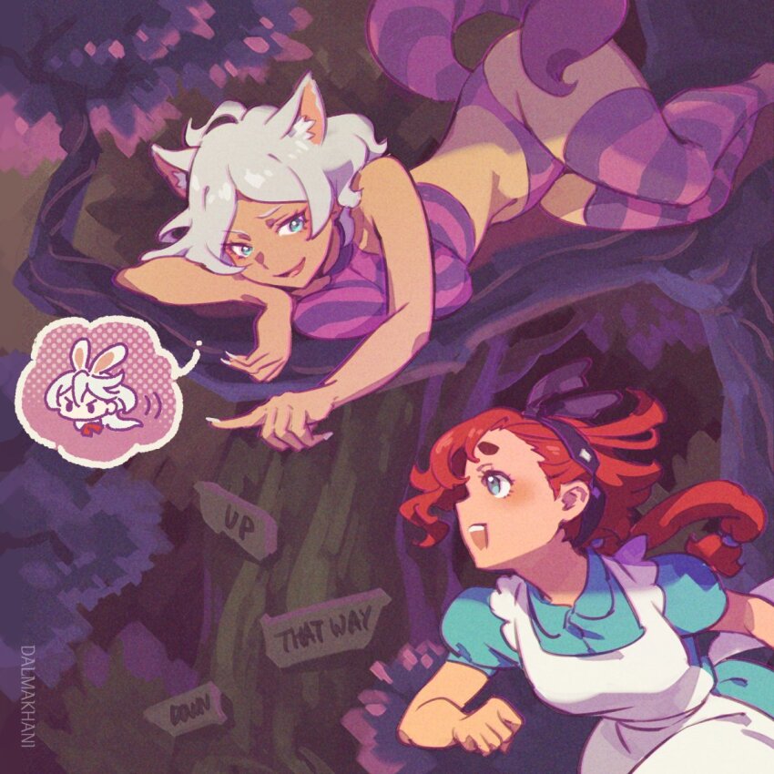 2girls, alice_(alice_in_wonderland), alice_(alice_in_wonderland)_(cosplay), alice's_adventures_in_wonderland, animal_ear_fluff, animal_ears, apron, aqua_eyes, blue_dress, cat_ears, cat_tail, cheshire_cat_(alice_in_wonderland), cheshire_cat_(alice_in_wonderland)_(cosplay), cosplay, dalmakhani3, dark-skinned_female, dark_skin, dress, grey_hair, gundam, gundam_suisei_no_majo, hairband, highres, image_in_speech_bubble, long_hair, low_ponytail, miorine_rembran, multiple_girls, panties, pointing, ponytail, rabbit_ears, red_hair, secelia_dote, shirt, sign, sitting_on_branch, striped_clothes, striped_panties, striped_shirt, striped_thighhighs, suletta_mercury, tail, thick_eyebrows, thighhighs, underwear, white_hair