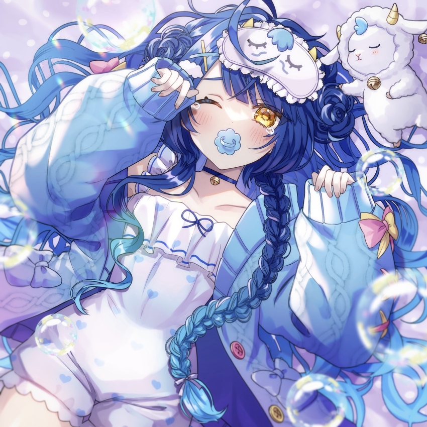 1girl, ahoge, amamiya_kokoro, amamiya_kokoro_(6th_costume), bell, blue_cardigan, blue_choker, blue_hair