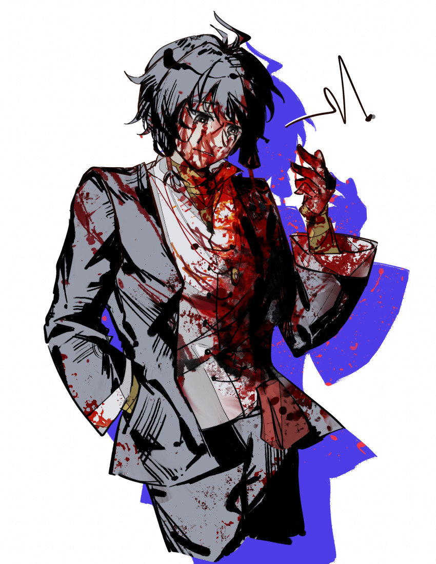 1boy, absurdres, balaluob, bandaged_arm, bandaged_neck, bandages, black_eyes, black_hair