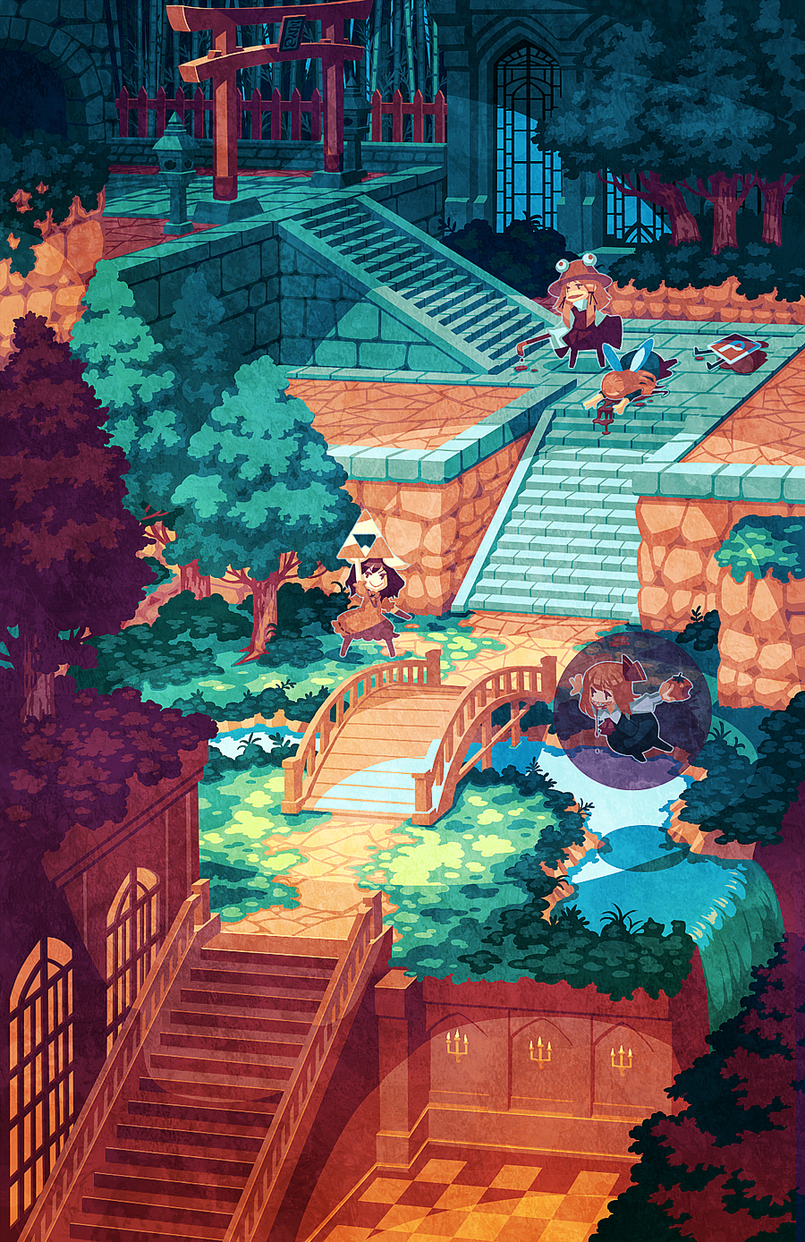 4girls, blonde_hair, blood, bridge, chibi, crowbar, fairy, female_focus