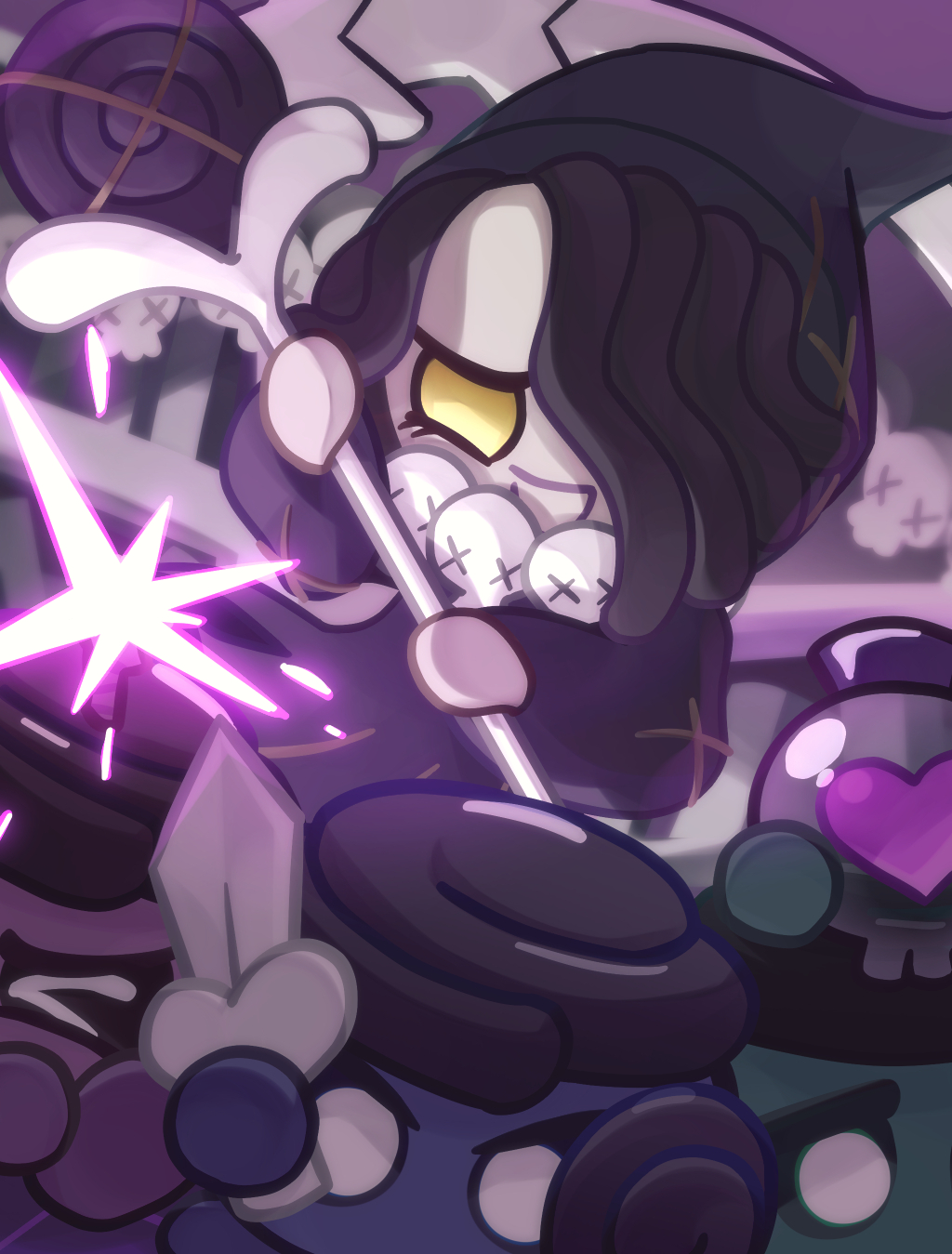 1boy, b4c5ce, chibi, chibi_only, cloak, colored_skin, commentary_request, cookie_run