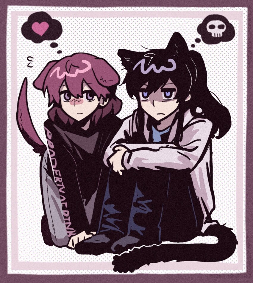 2girls, all_fours, animal_ears, ari_(class_of_09), arms_on_knees, black_hair, black_pants, black_shirt