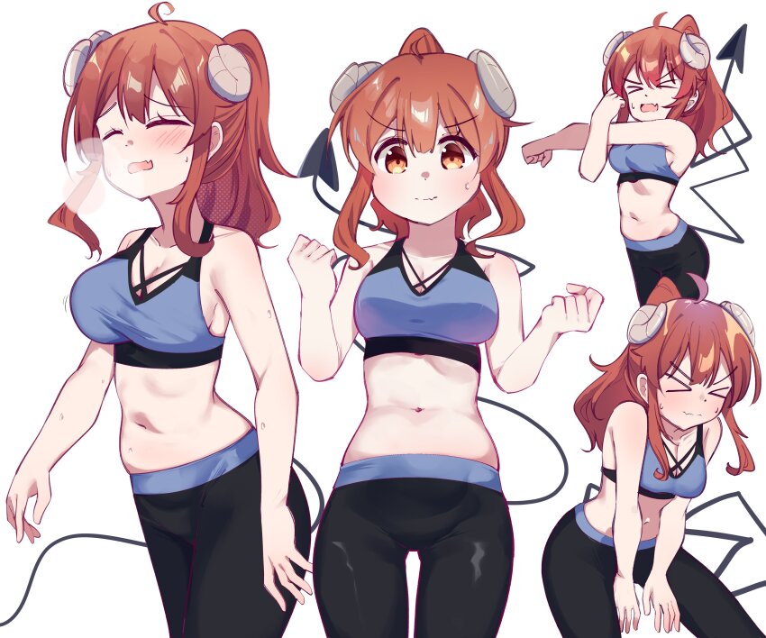 >_<, 1girl, absurdres, ahoge, blue_sports_bra, blush, breasts, closed_eyes