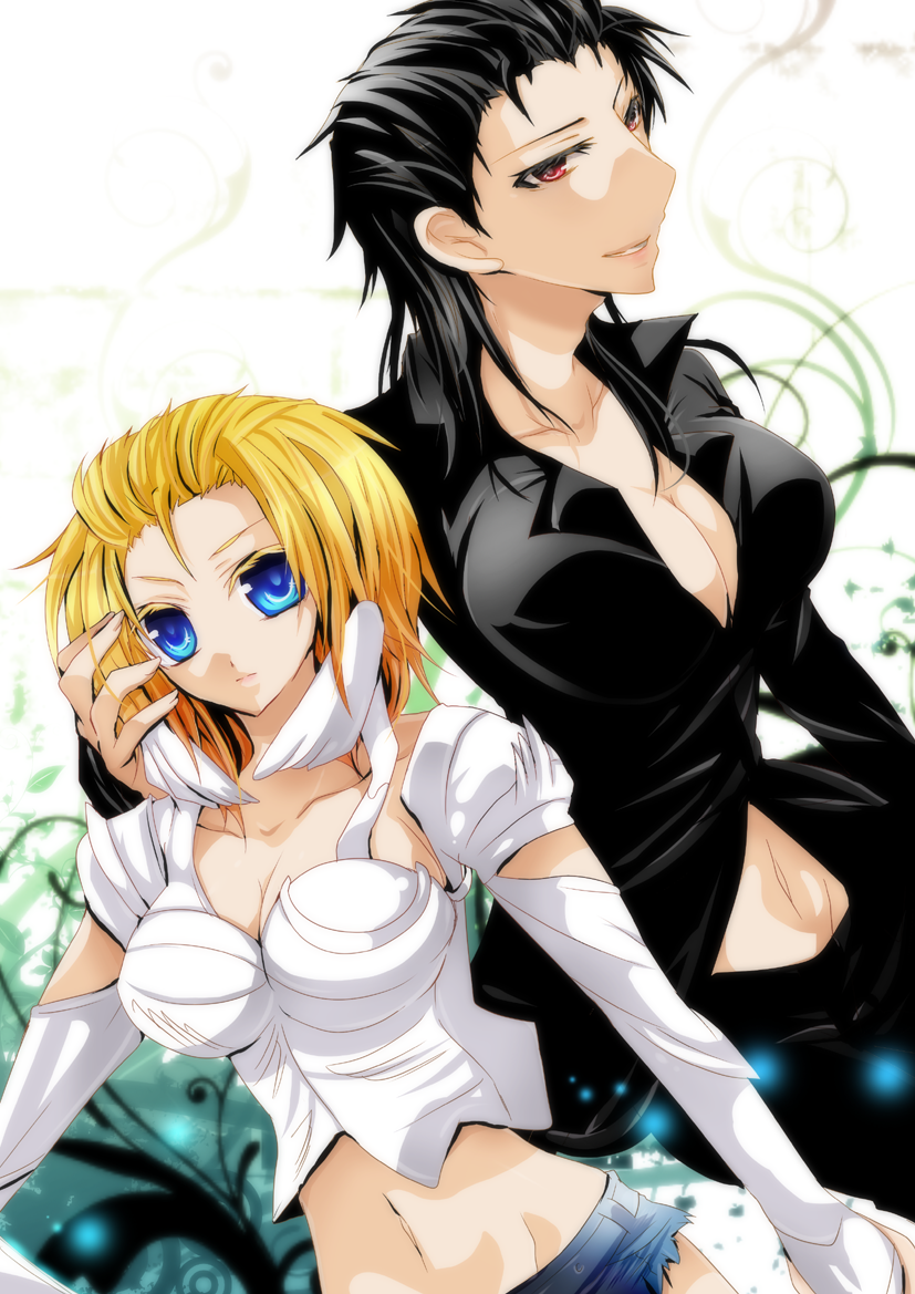 2girls, akatsuki_yakyou, armor, black_hair, blonde_hair, blue_eyes, breasts, cleavage