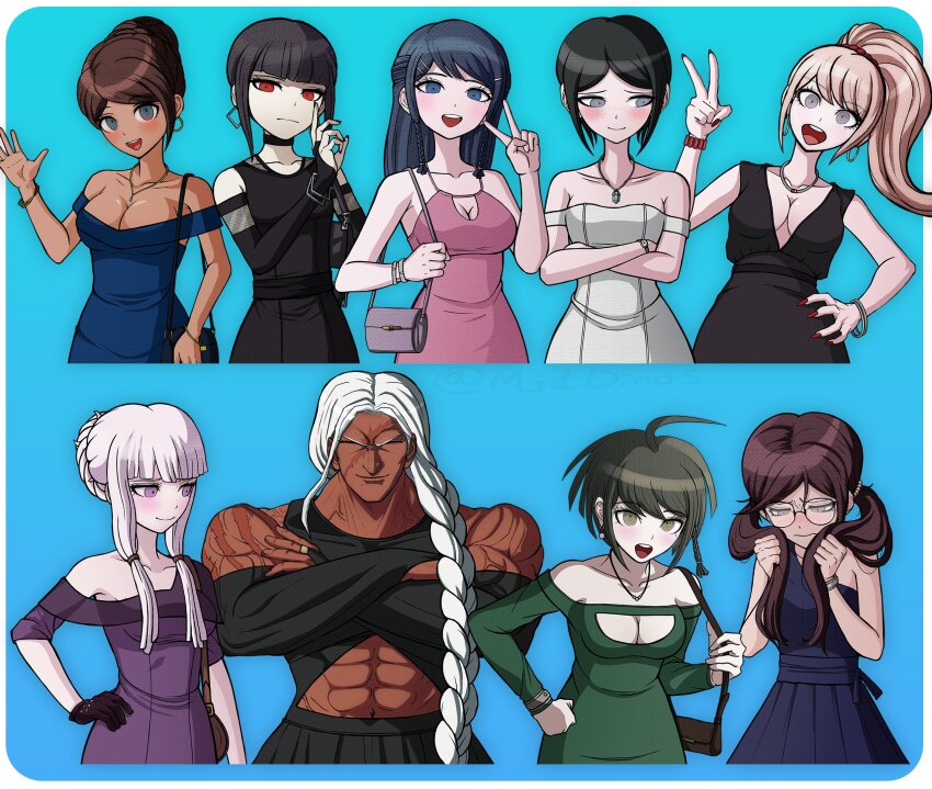 6+girls, :d, a_beautiful_man_(middinos), abs, ahoge, alternate_costume, alternate_hairstyle, asahina_aoi