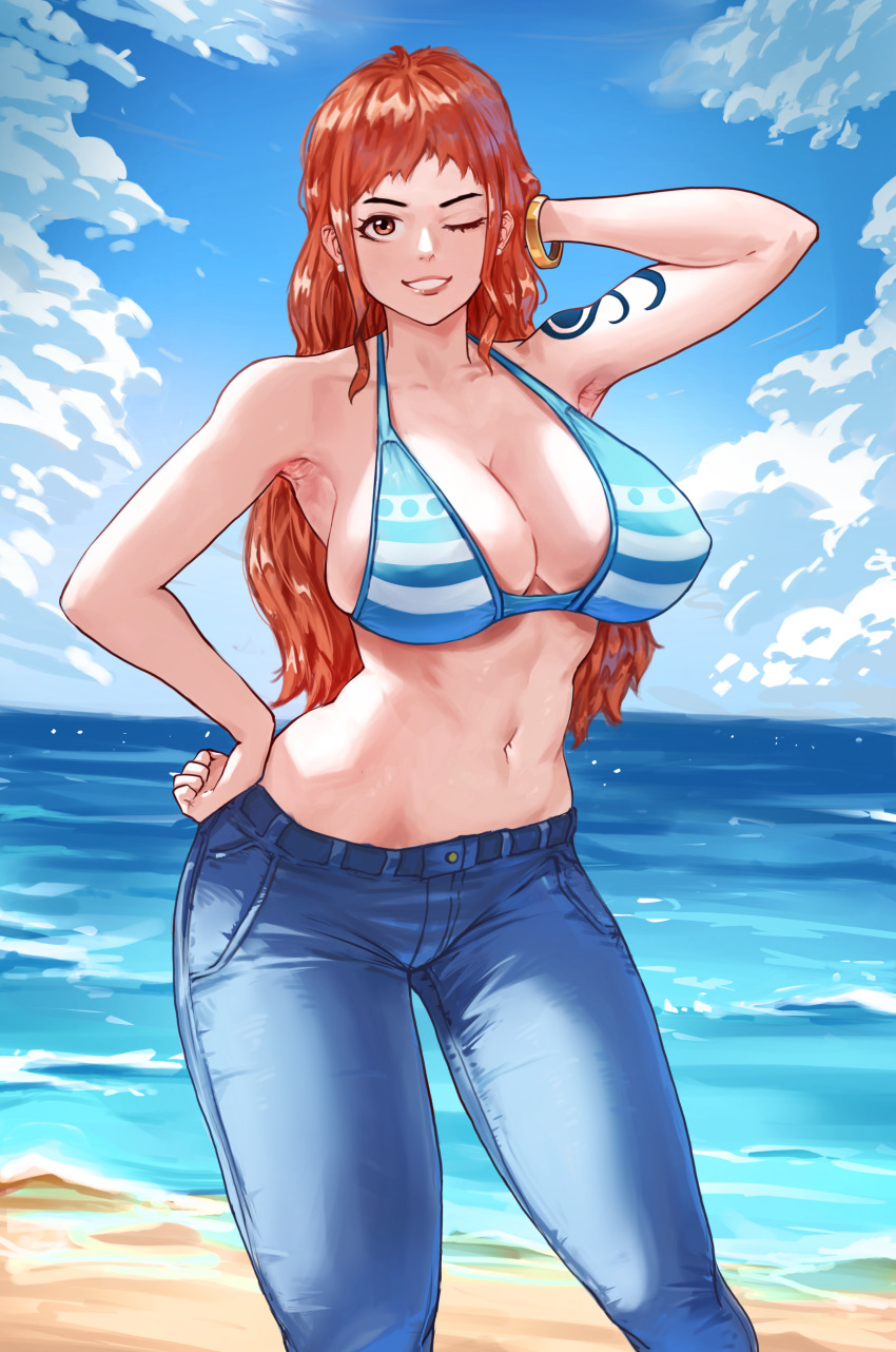 1girl, 2024, absurdres, arm_behind_head, bangle, beach, bikini, blue_sky