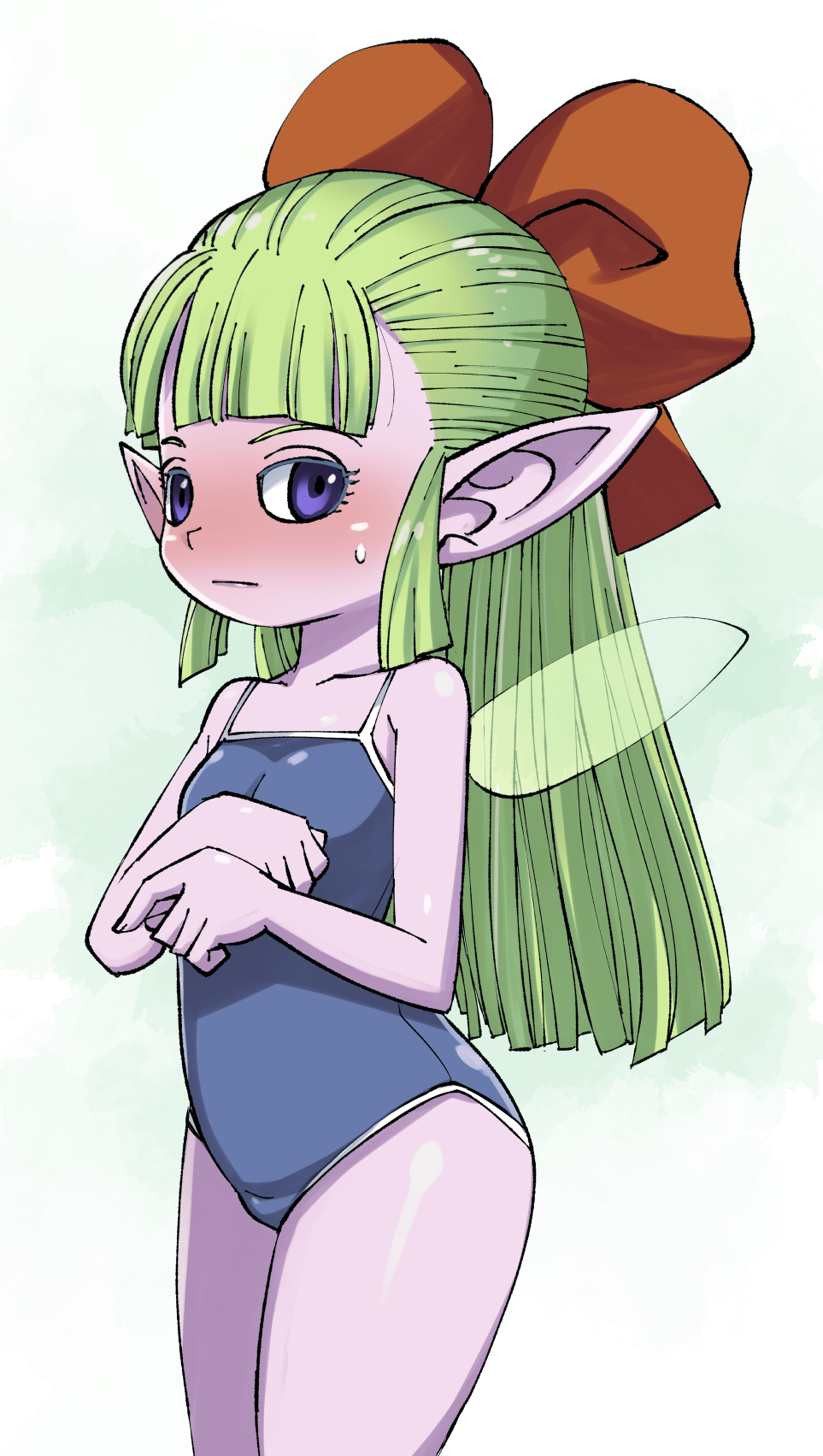 1girl, blonde_hair, blue_one-piece_swimsuit, blunt_bangs, blunt_ends, blush, bow, closed_mouth, colored_skin, commentary_request, commission, dragon_quest, dragon_quest_x, fuura_(dq10), hair_bow, highres, loli, long_hair, muramasa_mikado, one-piece_swimsuit, purple_eyes, purple_skin, red_bow, school_swimsuit, skeb_commission, solo, standing, sweat, swimsuit