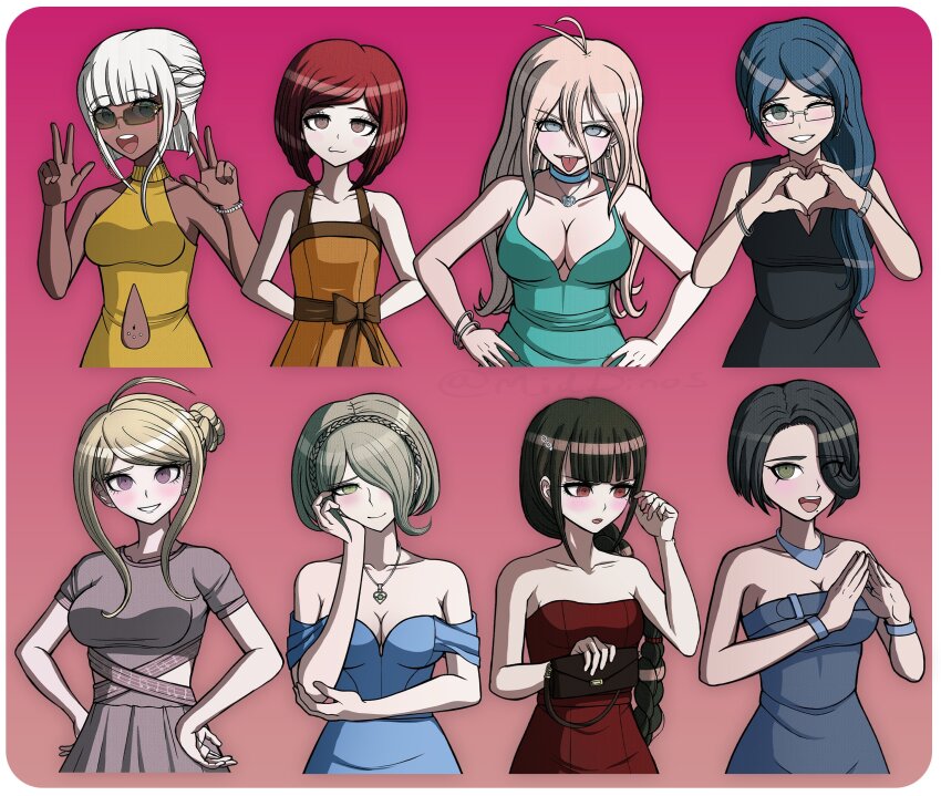 6+girls, :d, :p, ;d, a_beautiful_man_(middinos), akamatsu_kaede, alternate_hair_length, alternate_hairstyle