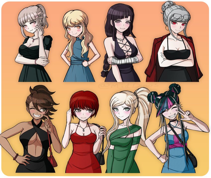 6+girls, a_beautiful_man_(middinos), alternate_costume, alternate_hairstyle, arms_under_breasts, asymmetrical_hair, bag, black_dress