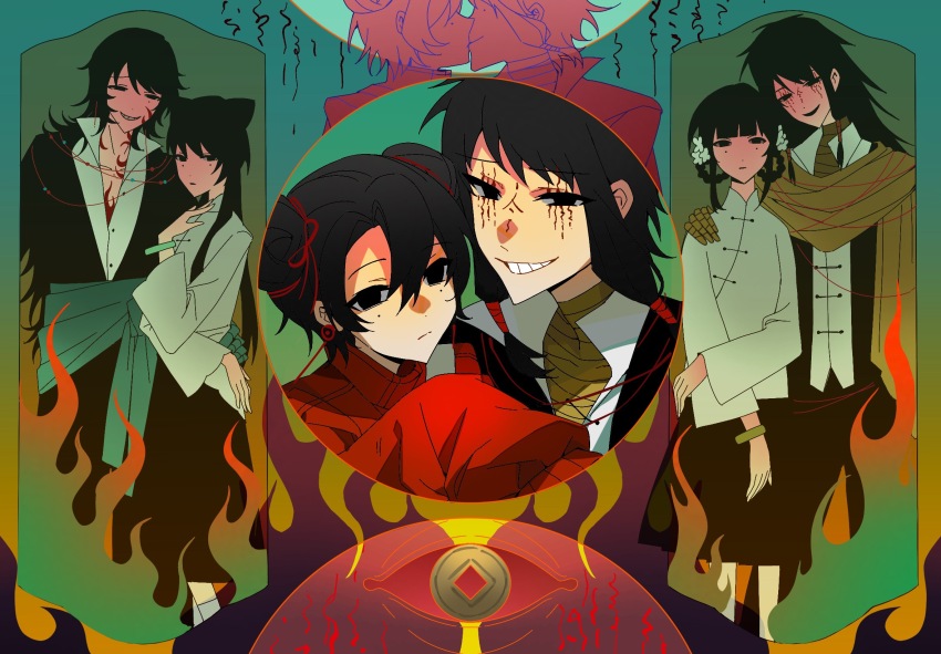 2boys, 3girls, aqua_sash, bandaged_hand, bandages, black_hair, black_jacket, braid