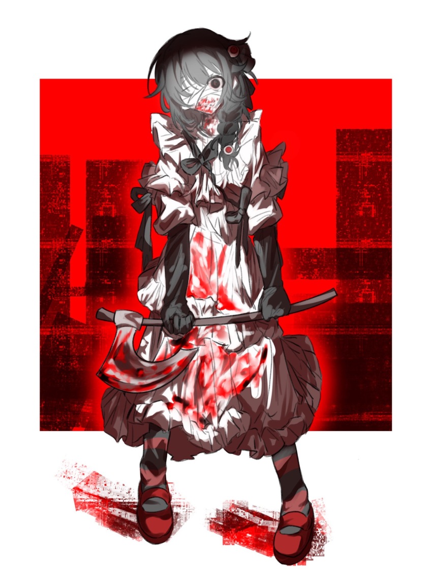 1girl, apron, axe, black_eyes, black_gloves, black_hair, black_pantyhose, black_ribbon