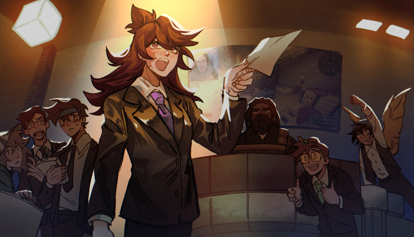 1girl, 6+boys, agentemaxo, beanie, beard, black_jacket, black_necktie, black_pants, black_suit, black_vest, blonde_hair, blue_hat, brown_eyes, brown_hair, commentary, courtroom, cyani07, earrings, elmariana, english_commentary, facial_hair, formal_clothes, gavel, glasses, green_necktie, half_updo, hat, headband, highres, holding, holding_paper, indie_virtual_youtuber, indoors, jacket, jaiden_animations, jewelry, judge, livestream, long_hair, minecraft, minecraft_youtube, multiple_boys, necktie, open_clothes, open_mouth, open_vest, pants, paper, people, ph1lza, photo_inset, ponytail, purple_necktie, quackity, quackity_smp, roier_(youtuber), sapo_peta, scene_reference, screenshot_inset, slimecicle, smile, spotlight, standing, striped_clothes, striped_headwear, suit, trial, vest, virtual_youtuber, wings, yellow_wings