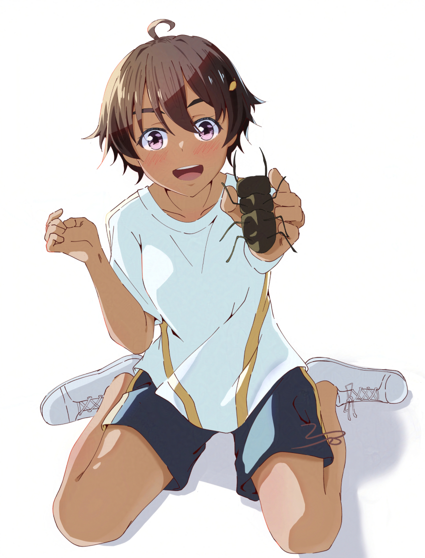 1girl, absurdres, ahoge, blue_shorts, blush, bug, dark-skinned_female, dark_skin