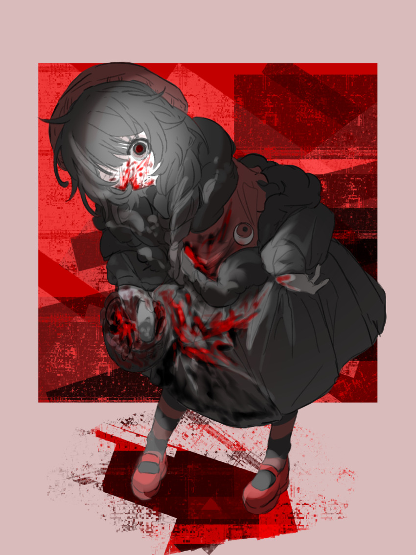 1girl, bandage_over_one_eye, black_dress, black_hair, black_pantyhose, blood, blood_on_clothes, blood_on_face