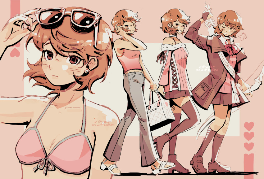 1girl, ankle_boots, archery_shooting_glove, arrow_(projectile), bag, bare_shoulders, bikini, black_footwear, black_jacket, black_skirt, black_socks, black_thighhighs, blue_pants, boots, bow, bow_(weapon), bowtie, brown_eyes, brown_hair, camisole, cardigan, choker, closed_mouth, collarbone, collared_shirt, commentary, denim, earrings, english_commentary, eyewear_on_head, from_side, front-tie_bikini_top, front-tie_top, full_body, fur-trimmed_sweater, fur_trim, gekkoukan_high_school_uniform, gloves, halterneck, heart, high_heel_sandals, high_heels, highres, holding, holding_arrow, holding_bag, holding_bow_(weapon), holding_removed_eyewear, holding_weapon, jacket, jeans, jewelry, kneehighs, light_blush, looking_at_viewer, midriff_peek, miniskirt, multiple_views, off-shoulder_sweater, off_shoulder, official_alternate_costume, one_eye_closed, open_clothes, open_jacket, open_mouth, pants, partially_fingerless_gloves, pearl_earrings, persona, persona_3, persona_3_reload, pink_bikini, pink_camisole, pink_cardigan, pink_sweater, pink_theme, pleated_skirt, puff_of_air, quiver, red_bow, red_bowtie, ribbed_cardigan, ribbed_sweater, sandals, school_uniform, shirt, short_hair, single_glove, skirt, socks, stud_earrings, sunglasses, sweater, swimsuit, takeba_yukari, thighhighs, unworn_eyewear, upper_body, walking, weapon, white-framed_eyewear, white_choker, white_footwear, white_shirt, zettai_ryouiki, zipsunz