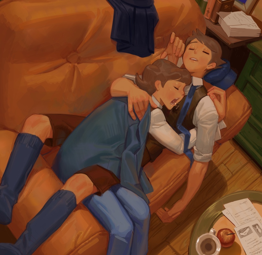 2boys, absurdres, apple, brown_hair, closed_eyes, couch, cuddling, drooling, food, fruit, future_luke, highres, jacket, kneehighs, lacryboy, luke_triton, multiple_boys, necktie, papers, professor_layton, saliva, short_hair, shorts, sleeping, socks, vest, white_socks