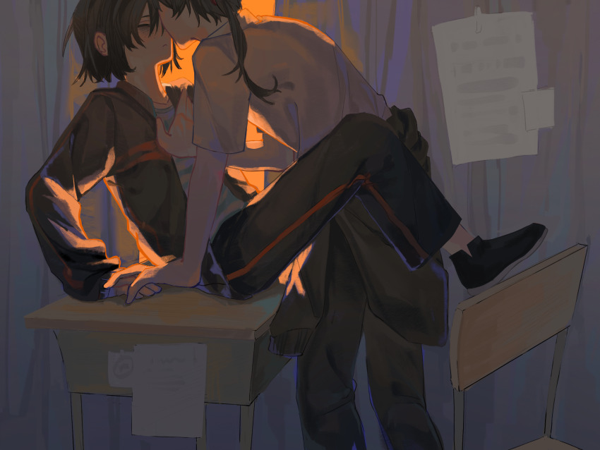 2boys, bags_under_eyes, black_hair, black_jacket, black_pants, black_shoes, chinese_commentary, closed_eyes