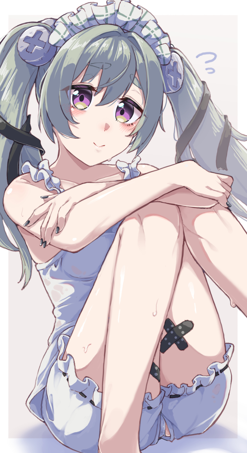 1girl, absurdres, bandaid, bandaid_on_thigh, black_nails, bloomers, blush, closed_mouth