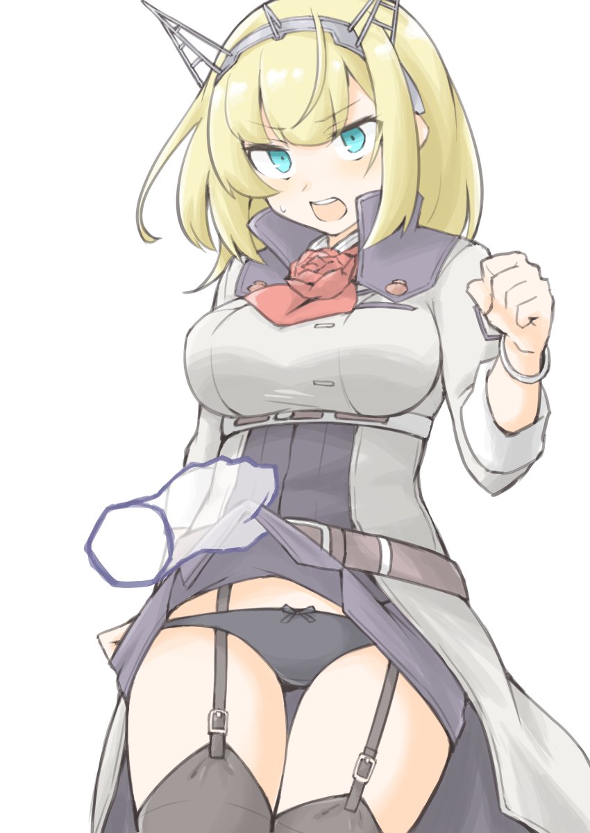 1girl, akara_kai, angry, ascot, black_panties, black_thighhighs, blonde_hair, blue_eyes