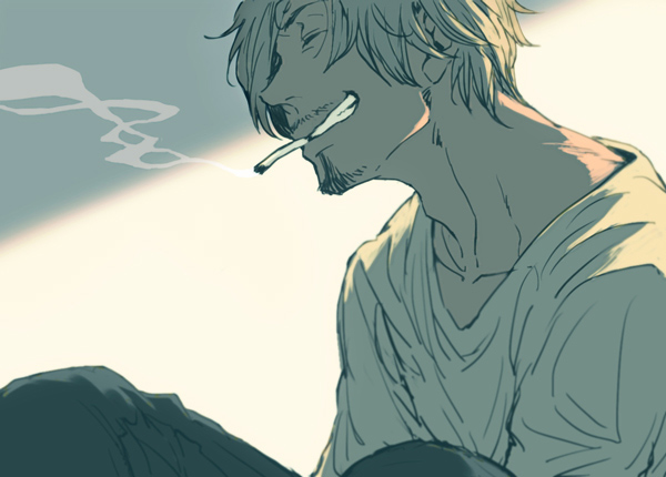 1boy, asukasuka, backlighting, cigarette, closed_eyes, commentary_request, curly_eyebrows, facial_hair