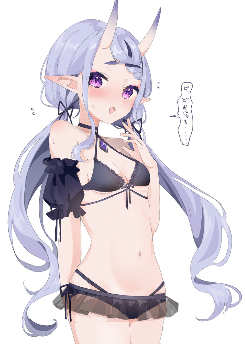 1girl, bikini, black_bikini, blush, breasts, emi537469, highres, horns