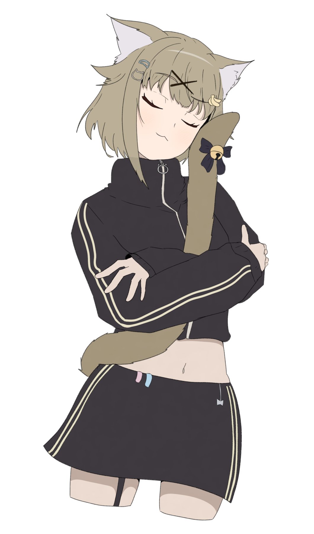 1girl, :3, animal_ear_fluff, animal_ears, banana_hair_ornament, bell, black_bow, black_jacket, black_skirt, bow, cat_ears, cat_girl, cat_hair_ornament, cat_tail, catnamenothing, closed_eyes, closed_mouth, cowboy_shot, cropped_jacket, cropped_legs, flat_color, food-themed_hair_ornament, hair_ornament, highres, hugging_own_tail, hugging_tail, jacket, jingle_bell, konan_mia, konan_mia_(3rd_costume), light_brown_hair, long_sleeves, midriff, nanashi_inc., navel, official_alternate_costume, short_hair, simple_background, skirt, smile, solo, tail, tail_bow, tail_ornament, track_jacket, turtleneck, virtual_youtuber, white_background, x_hair_ornament