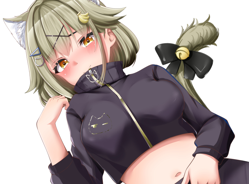 1girl, absurdres, akai_watame, animal_ear_fluff, animal_ears, banana_hair_ornament, bell, black_bow