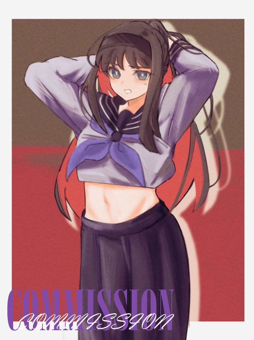 1girl, absurdres, arms_behind_head, black_hair, black_hairband, black_skirt, blue_eyes, border