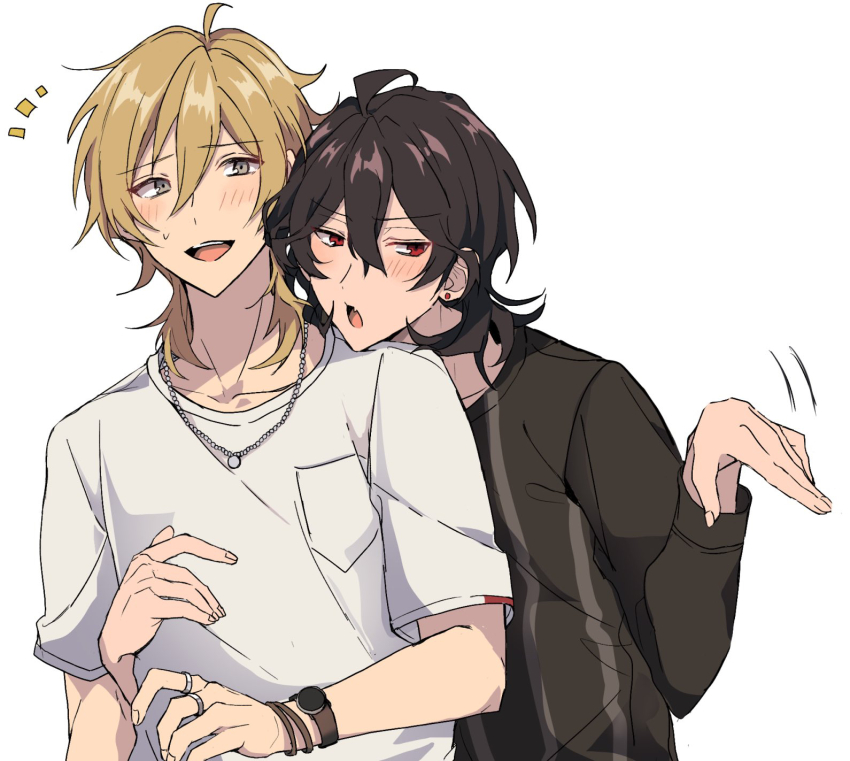 2boys, ahoge, akarin1006, arm_at_side, behind_another, bishounen, black_hair, black_sweater