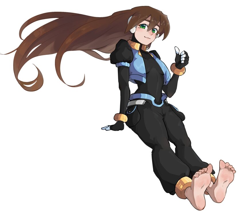 1girl, aile_(mega_man_zx), alternate_design, alternate_universe, anklet, baggy_pants, barefoot, black_bodysuit