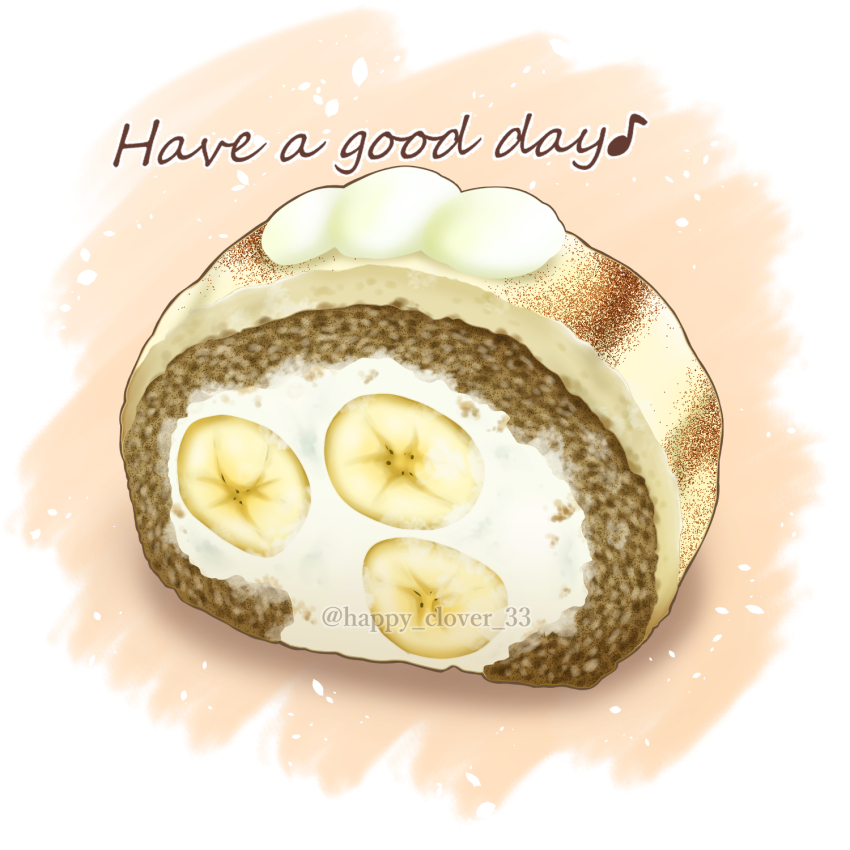 banana, banana_slice, cake, dessert, english_text, food, food_focus, fruit, happy_clover_3, highres, icing, musical_note, no_humans, original, still_life, swiss_roll, twitter_username