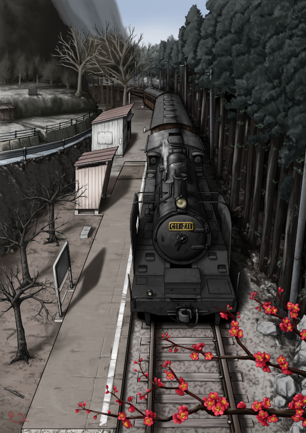 bare_tree, branch, from_above, locomotive, no_humans, original, outdoors, overcast