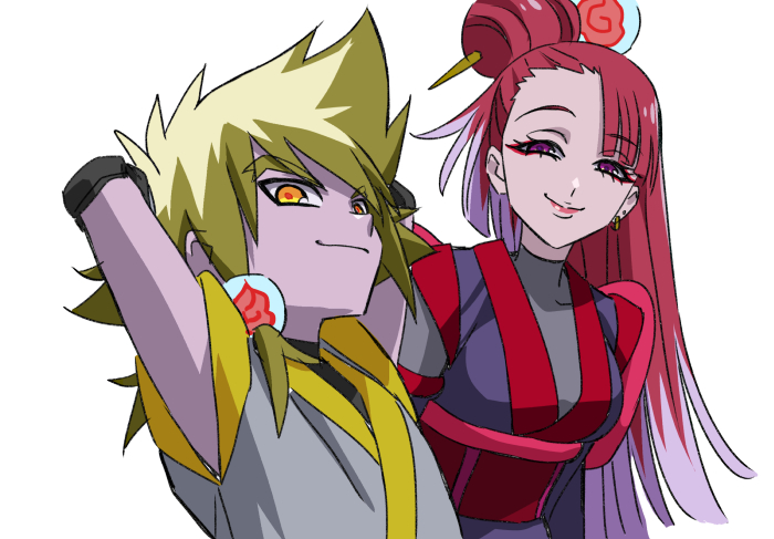 1boy, 1girl, arms_behind_head, blonde_hair, closed_mouth, earrings, half-closed_eyes, japanese_clothes