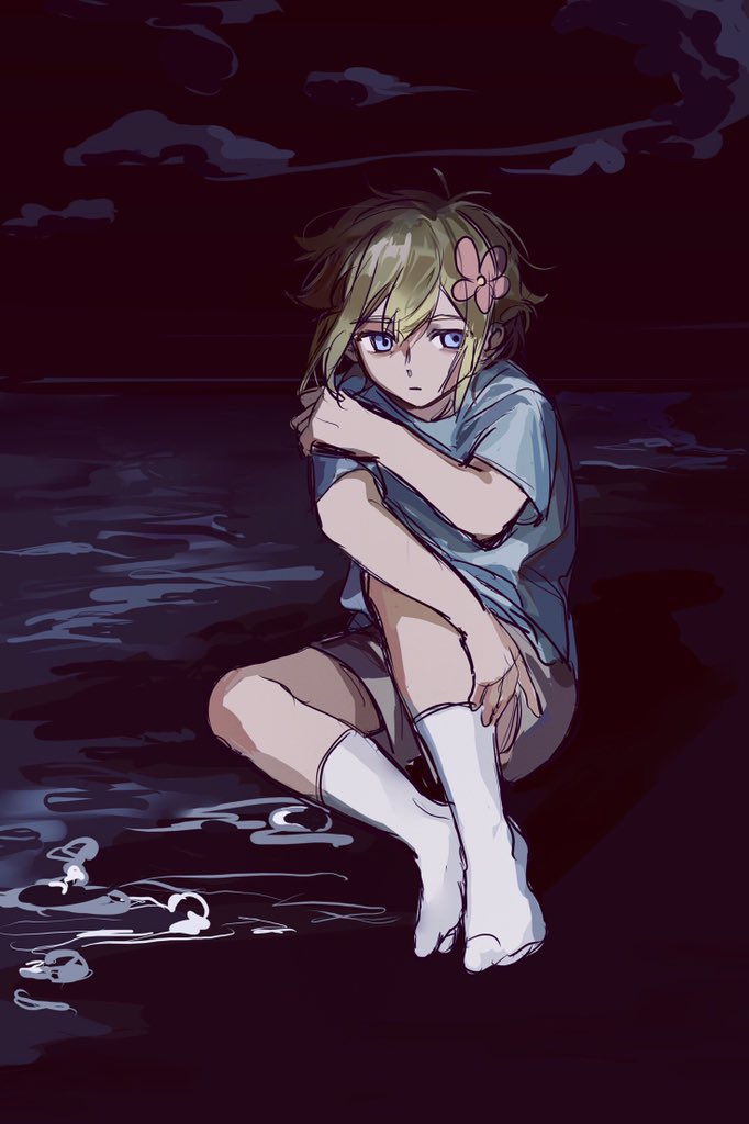 1boy, antenna_hair, basil_(faraway)_(omori), basil_(omori), blonde_hair, blue_shirt, closed_mouth, expressionless