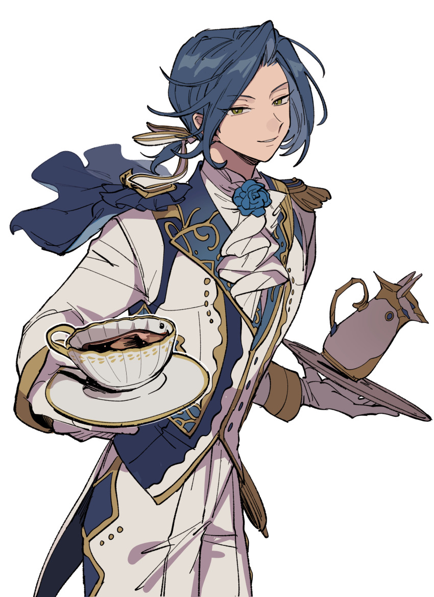 1boy, aoi_(yooo009), ariton_(megido72), ascot, bishounen, blue_flower, blue_hair, blue_rose, bright_pupils, brooch, butler, coattails, cup, curtained_hair, dark_blue_hair, epaulettes, flower, flower_brooch, formal_clothes, frilled_ascot, frills, green_eyes, hair_ribbon, highres, holding, holding_saucer, holding_tray, jacket, jewelry, layered_sleeves, leaning_forward, light_smile, long_sleeves, looking_at_viewer, male_focus, medium_hair, megido72, pants, parted_lips, ponytail, ribbon, rose, saucer, short_ponytail, side_part, sideways_glance, simple_background, sleeve_cuffs, solo, standing, suit, tachi-e, tailcoat, teacup, teapot, teeth, tray, tsurime, white_ascot, white_background, white_jacket, white_pants, white_pupils, white_ribbon, white_suit, wind, yellow_trim