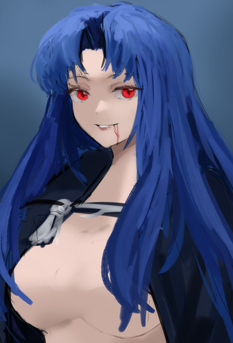 1girl, blood, blood_in_mouth, blue_hair, ciel_(tsukihime), elesia, ezekquel, grey_background