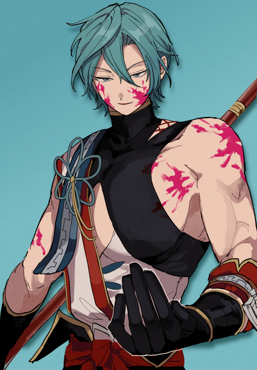 1boy, amazeroth_(megido72), aoi_(yooo009), aqua_background, aqua_eyes, aqua_hair, arm_at_side, asymmetrical_clothes