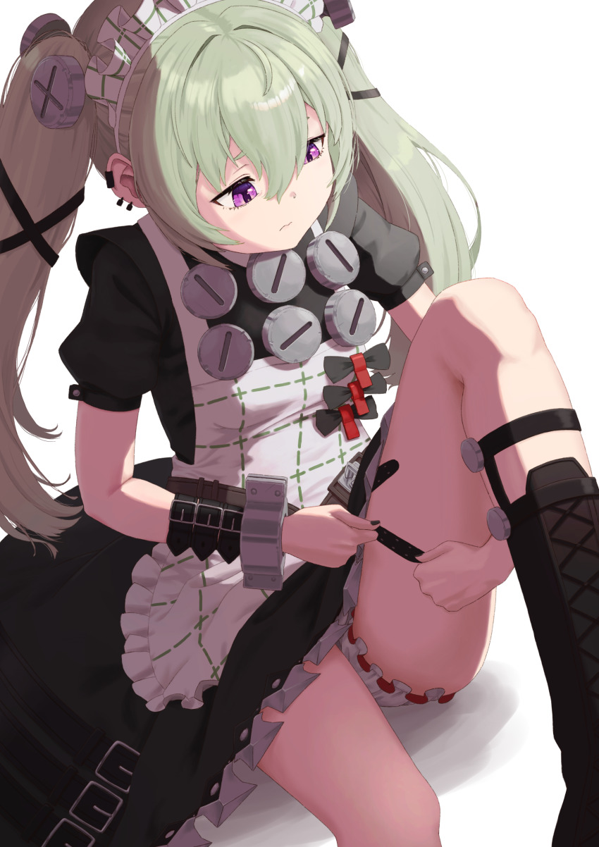 1girl, absurdres, apron, bandaid_on_thigh, belt, black_bow, black_dress, black_footwear, black_nails, bloomers, bow, commentary_request, corin_wickes, dress, green_eyes, green_hair, hair_between_eyes, highres, long_hair, maid, maid_headdress, nail_polish, puffy_short_sleeves, puffy_sleeves, purple_eyes, satoshiy83, screw_hair_ornament, short_sleeves, simple_background, sitting, solo, twintails, underwear, white_apron, white_background, white_bloomers, zenless_zone_zero