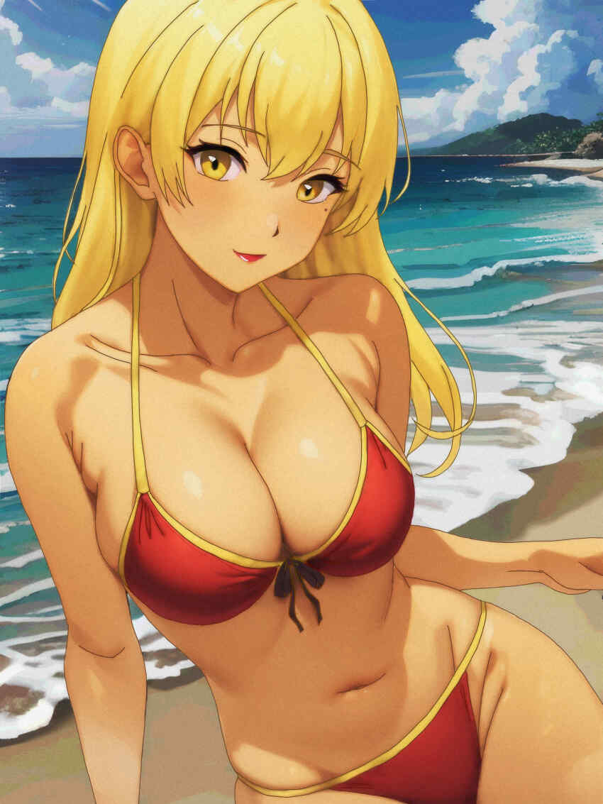 1girl, absurdres, alternate_costume, beach, bikini, blonde_hair, breasts, cleavage