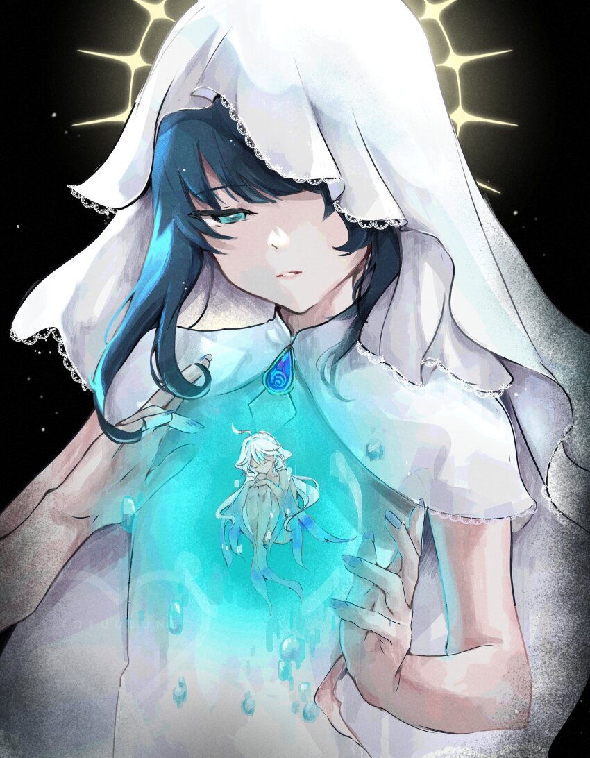 2girls, absurdres, black_background, blue_eyes, blue_hair, capelet, dress, egeria_(genshin_impact)