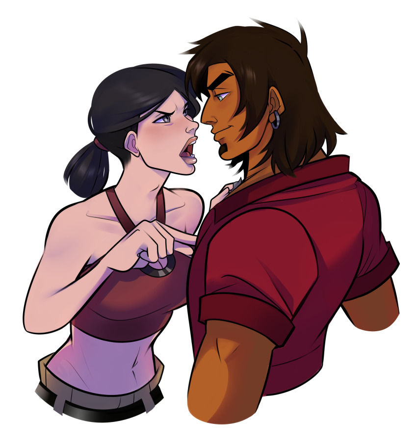 1boy, 1girl, absurdres, alejandro_burromuerto, bare_shoulders, black_hair, brown_hair, caliblorn, closed_mouth, collarbone, commentary, dark-skinned_male, dark_skin, earrings, english_commentary, facial_hair, goatee, green_eyes, heather_(total_drama), highres, hoop_earrings, jewelry, looking_at_another, low_ponytail, navel, open_mouth, ponytail, red_shirt, shirt, short_hair, short_sleeves, simple_background, smile, tank_top, teeth, total_drama, white_background