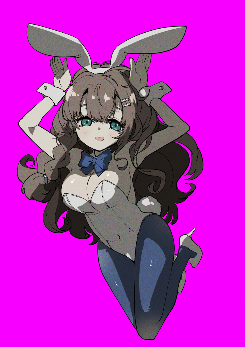 1girl, :d, animal_ears, armpits, arms_up, bare_arms, bare_shoulders, blue_bow, blue_bowtie, blue_eyes, blue_pantyhose, bow, bowtie, breasts, brown_hair, cleavage, covered_navel, detached_collar, fake_animal_ears, full_body, hands_up, high_heels, highres, jumping, large_breasts, legs_up, leotard, long_hair, looking_at_viewer, marcus_(reverse:1999), open_mouth, pantyhose, pink_background, playboy_bunny, rabbit_ears, rabbit_tail, reverse:1999, smile, solo, strapless, strapless_leotard, tail, white_footwear, white_leotard, white_wrist_cuffs, wrist_cuffs, ziyunshanding