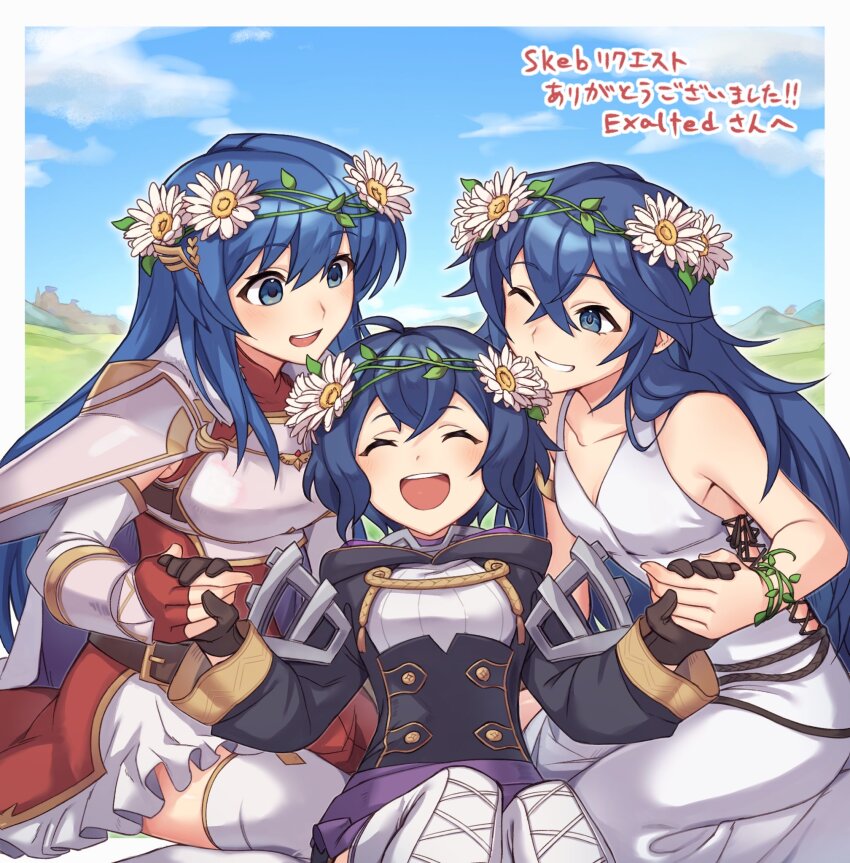 3girls, ;d, ancestor_and_descendant, armor, bare_shoulders, blue_eyes, blue_hair, brand_of_the_exalt